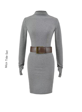 复古灰色半高领长袖连衣裙女秋冬紧身内搭打底裙修身显瘦包臀短裙