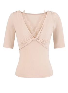 纯欲假两件扭结深V领短袖t恤女夏蕾丝边拼接洋气收腰设计感短上衣