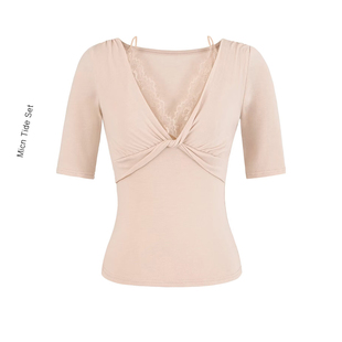 纯欲假两件扭结深V领短袖t恤女夏蕾丝边拼接洋气收腰设计感短上衣