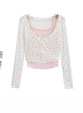 BM MICN清纯学妹修身长袖T恤方领碎花吊带上衣撞色针织两件套装