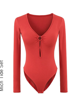 辣妹性感低胸深V领上衣带胸垫红色辣妹连体轻塑身显瘦春秋长袖T恤