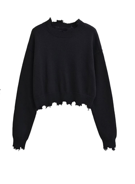 美式街拍复古破洞高腰短款针织毛衣显瘦休闲潮酷女孩款宽松短上衣