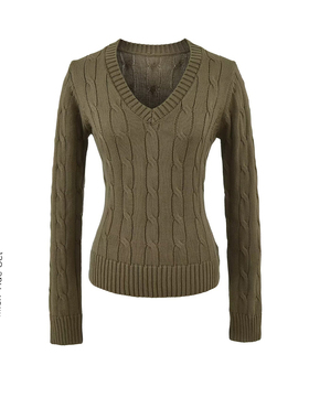 BM MICN韩系V领麻花长袖针织打底衫女内搭毛衣气质修身显瘦上衣