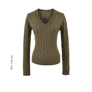 女内搭毛衣气质修身 针织打底衫 显瘦上衣 MICN韩系V领麻花长袖