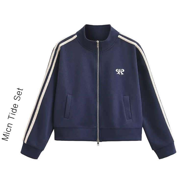 美式藏蓝色条纹卫衣外套女蝴蝶结印花拉链棒球服开衫运动短款上衣