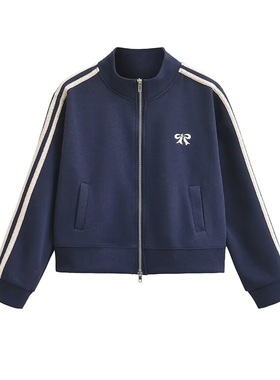 美式藏蓝色条纹卫衣外套女蝴蝶结印花拉链棒球服开衫运动短款上衣