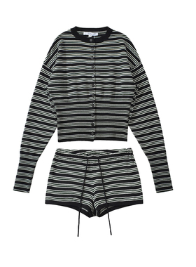 美式复古简约条纹弹力修身长袖开衫落肩外套女绑带装饰短裤两件套