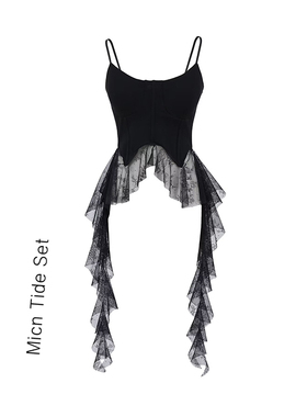 BM MICN纯欲辣妹设计感不规则飘带荷叶边吊带背心女显瘦修身上衣