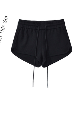 BM MICN美式黑色运动抽绳休闲小短裤女夏季新款高腰显瘦宽松热裤