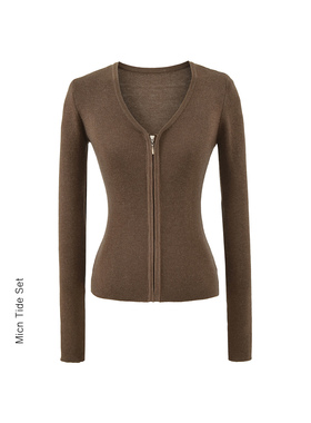 纸片人修身显瘦毛衣外套针织开衫女秋冬黑色V领短款修身拉链上衣