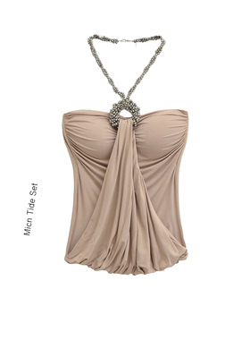 自带攻击感美人冷艳御姐重工挂脖泰式褶皱抹胸背心女亮钻吊带上衣