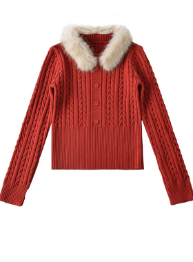 BM MICN圣诞穿搭可拆卸毛毛领针织衫女冬季喜庆过年红色毛衣外套