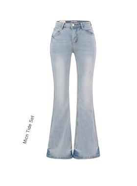 MICN美式复古浅蓝色低腰微喇叭牛仔裤女辣妹紧身弹力马蹄拖地长裤