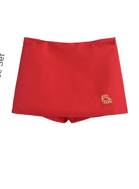 韩系新款夏红色刺绣低腰复古短裙女个性小众设计款显瘦遮肉a字裙