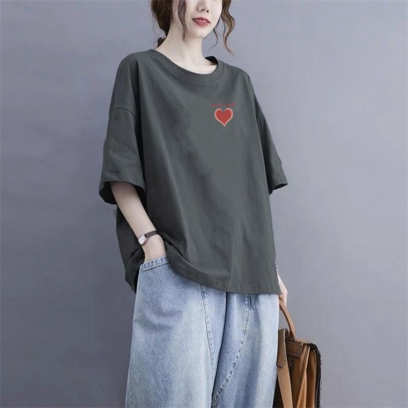 大码纯棉宽松短袖T恤女夏季外穿时尚小众显瘦半袖休闲圆领上衣