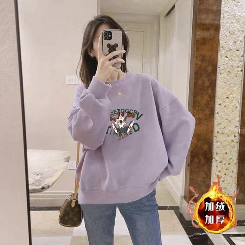 加绒加厚卫衣女秋冬季韩版休闲圆领短款宽松显瘦百搭保暖上衣外穿
