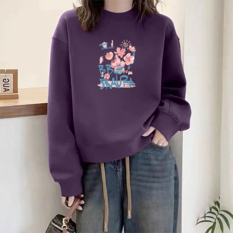 加绒卫衣女秋冬装加厚圆领套头长袖打底衫显瘦宽松休闲上衣女外穿