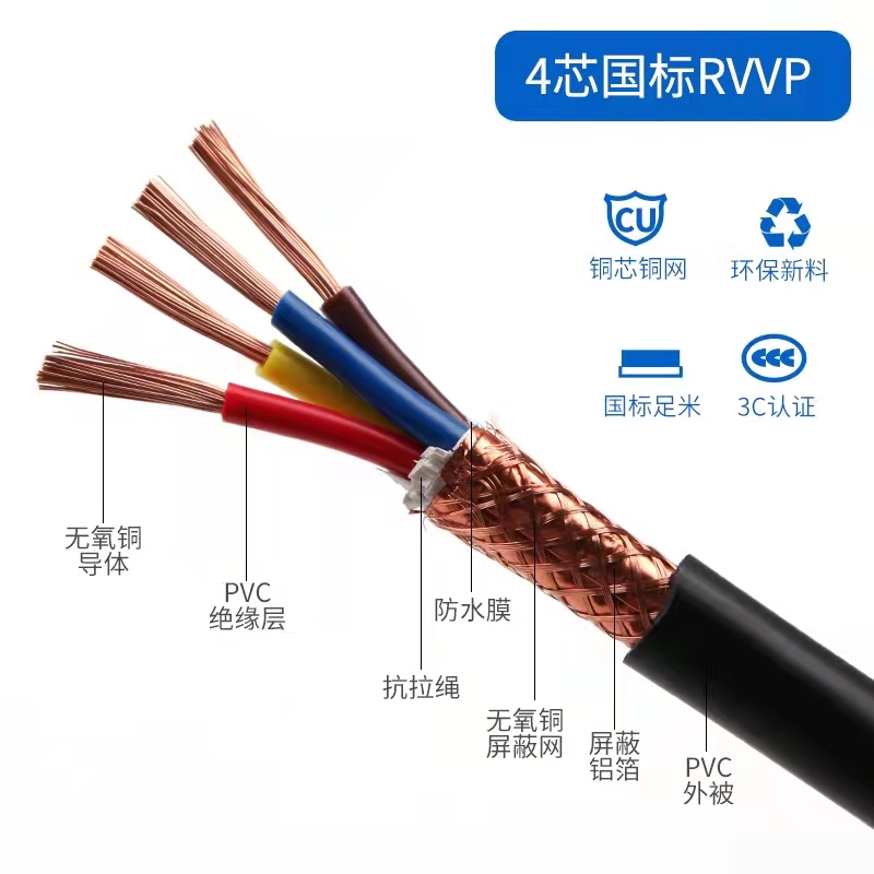 铜线屏蔽信号线1.5kvvrp2 3 4 5 6芯0.5 0.75 1 2.5平方控制电缆 电子/电工 护套线 原图主图