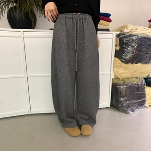 宽松垂感休闲直筒裤 抽绳加厚加绒羊绒阔腿裤 时尚 新款 女2025冬季