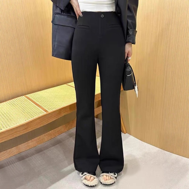 黑色加绒松紧高腰微喇叭裤女