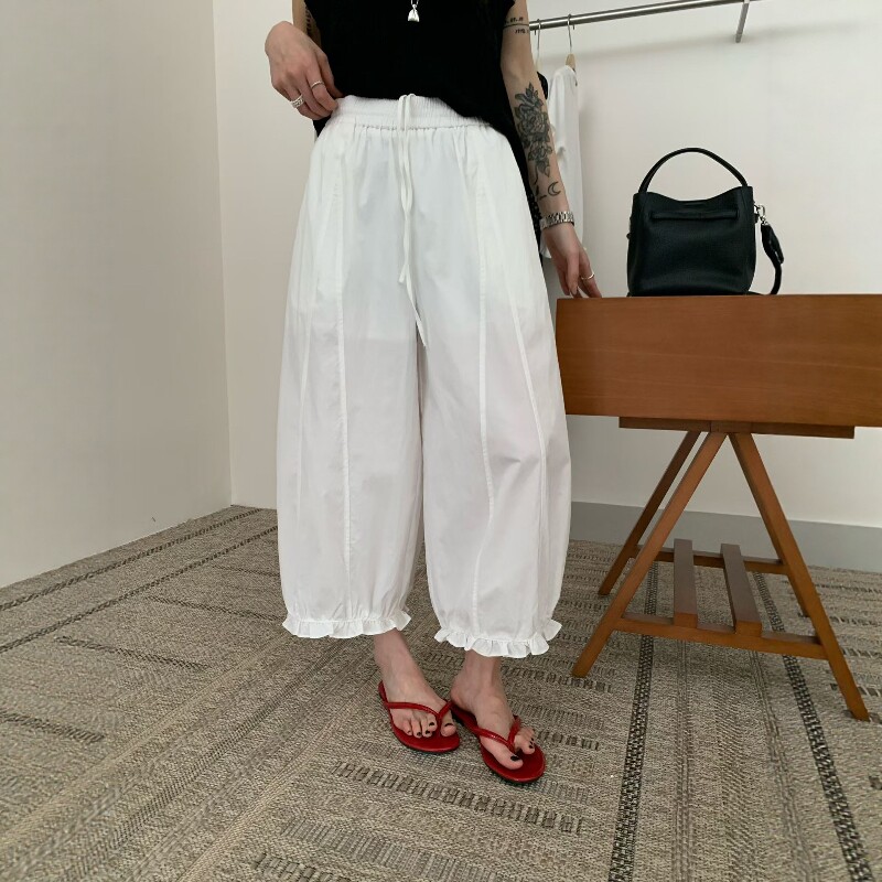 白色九分直筒花苞气球裤女2026夏季新款抽绳木耳边宽松休闲灯笼裤