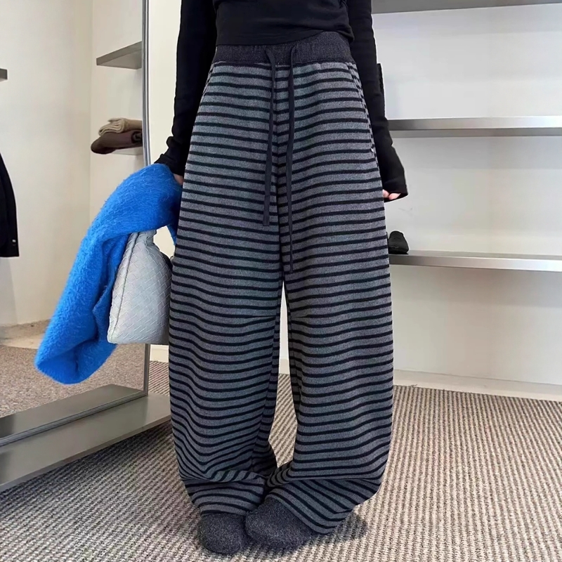 加绒加厚羊绒条纹阔腿裤女弯刀
