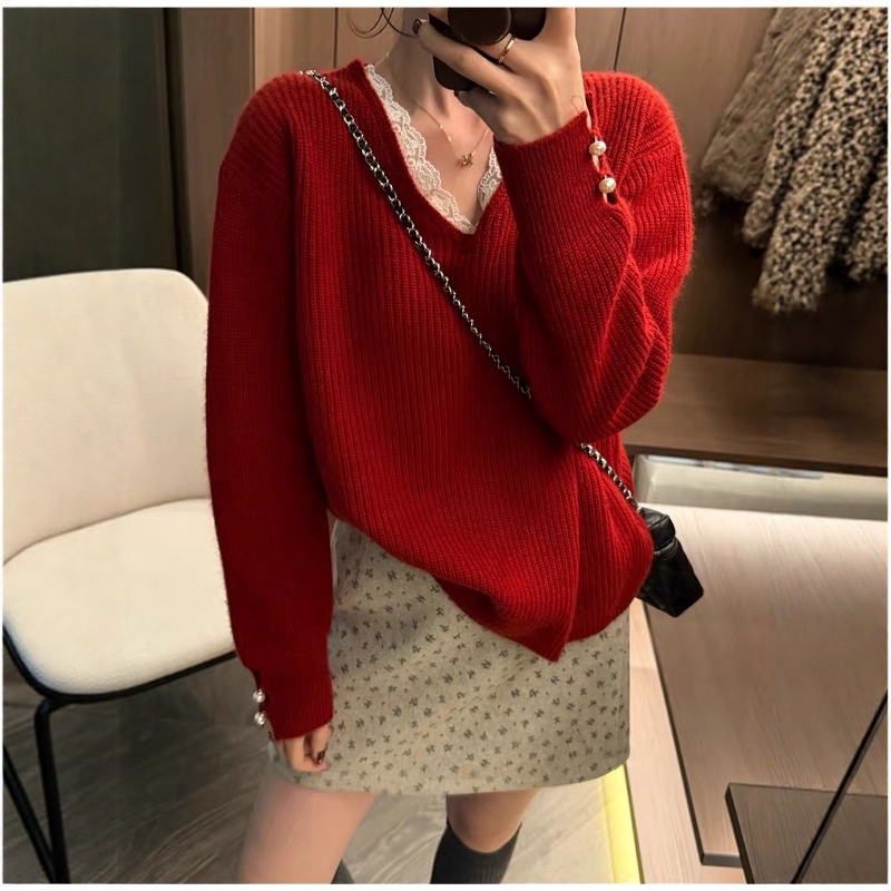 蕾丝拼接V领羊毛针织衫女毛衣