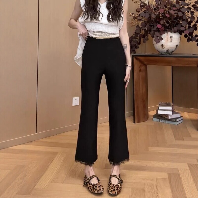 拼接蕾丝小黑裤九分微喇裤女薄款2026夏季新款时尚修身显瘦休闲裤