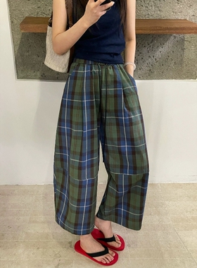 绿色格子休闲气球九分裤女薄款2026夏季新款小个子宽松弯刀阔腿裤