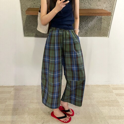 夏上新绿色格子休闲九分裤女