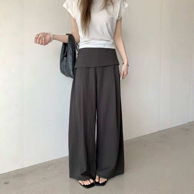 时尚系带假两件屁帘阔腿裤女薄款2026夏季新宽松垂感直筒休闲裙裤