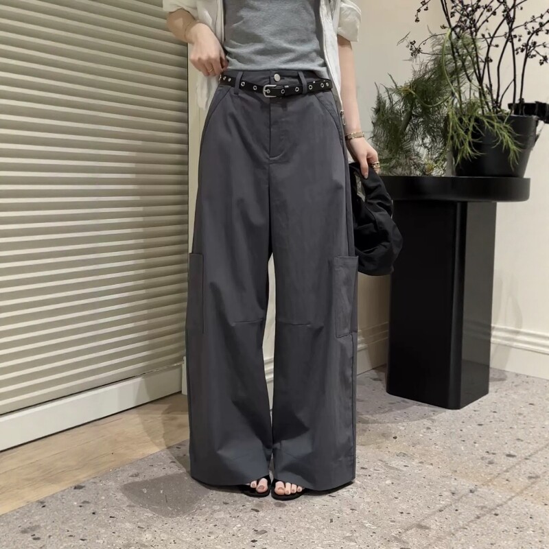 深灰色美式多口袋阔腿工装裤女薄款2026夏季新款宽松百搭休闲长裤