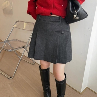 2025冬季新款韩版休闲百搭显瘦呢子百褶短裙加厚高腰A字半身裙女