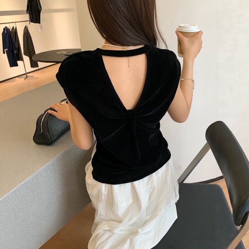 气质露背丝绒短袖上衣女T恤薄款2026夏季新款时尚简约飞飞袖上衣
