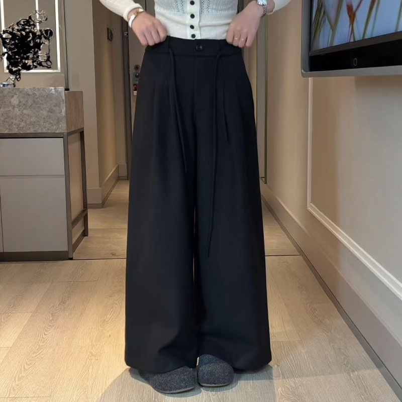 抽绳系带羊毛呢阔腿裤女休闲裤
