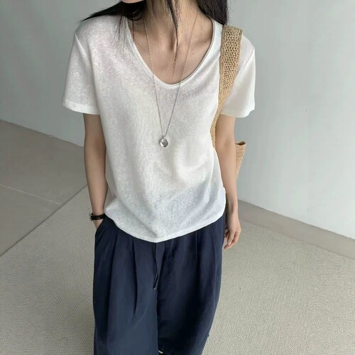 U领天丝面膜短袖T恤女