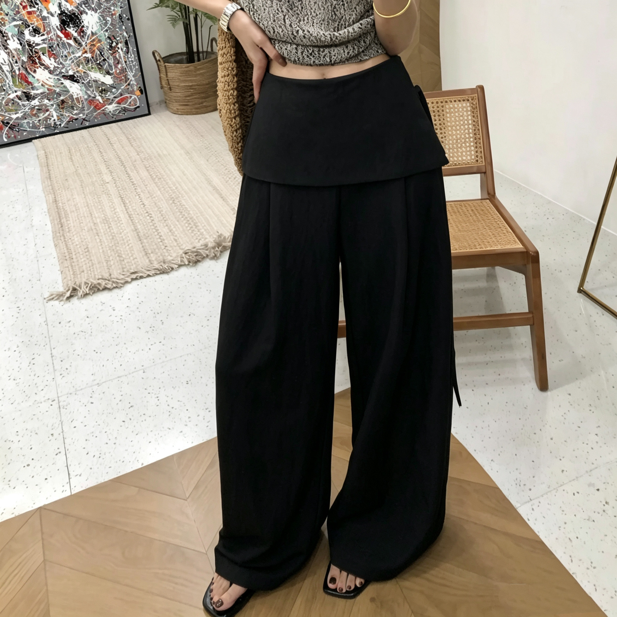 秋上新黑色屁帘裤女系带阔腿裤图片