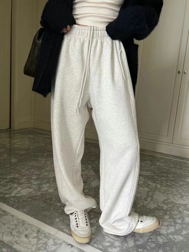 冬季花灰色阔腿卫裤女加绒加厚