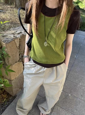 欧货设计感短袖圆领撞色假两件T恤女2026夏季新款时尚绿色上衣