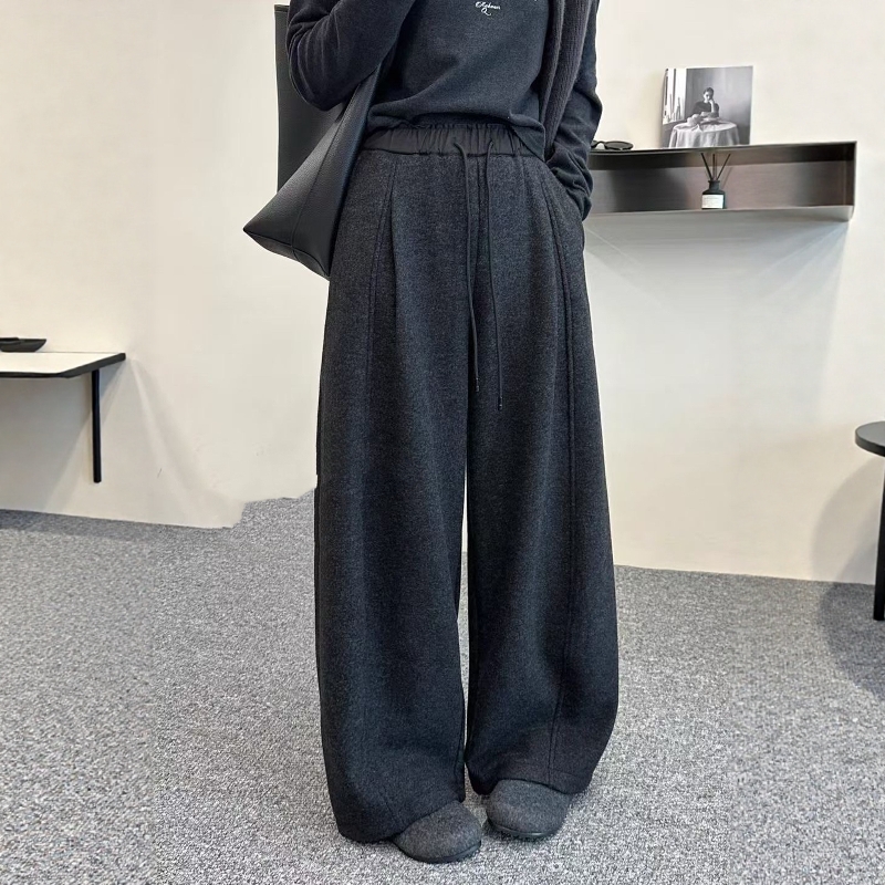 抽绳拼接腰羊绒阔腿裤女加绒加厚