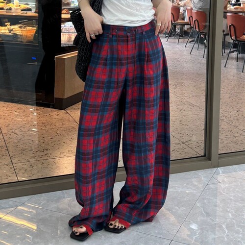 夏上新红色格纹亚麻弯刀阔腿裤