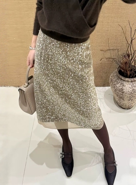 2026春季新款欧货高级感轻奢闪闪气质优雅亮片开叉半身裙中裙靴裙