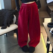 女冬季 新款 时尚 重工亮闪闪烫钻加绒加厚阔腿卫裤 宽松弯刀休闲长裤