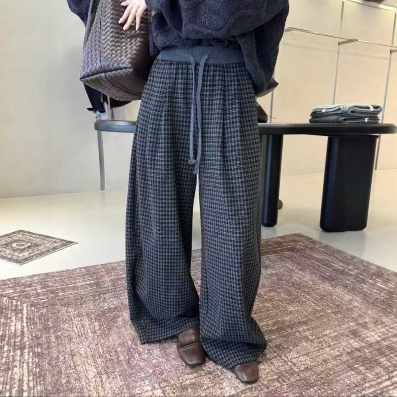 高腰格子抽绳阔腿弯刀裤女休闲裤