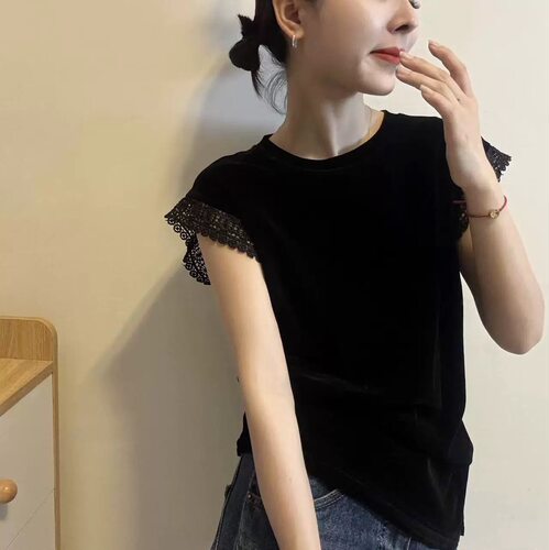 通勤简约圆领丝绒T恤女