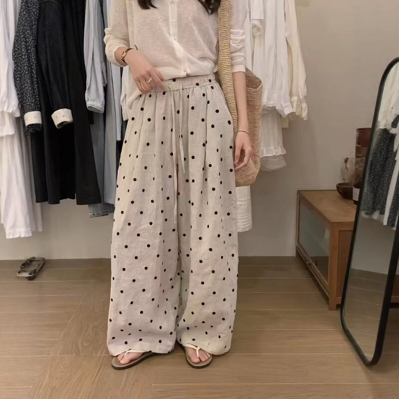 天丝亚麻棉麻波点阔腿裤女2026夏季新款抽绳松紧腰宽松休闲长裤