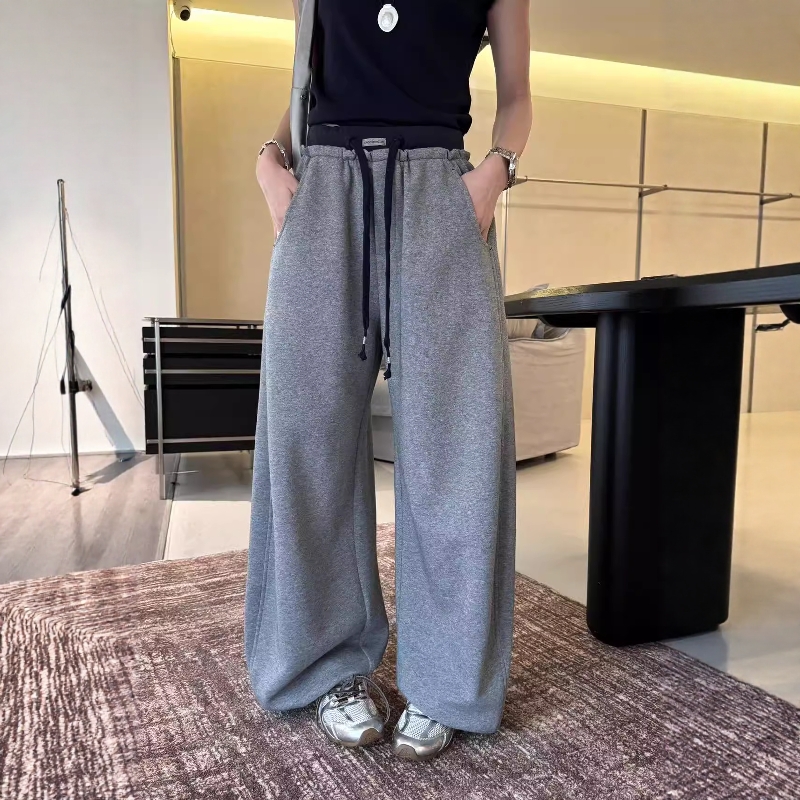 灰色抽绳阔腿卫裤女弯刀运动裤