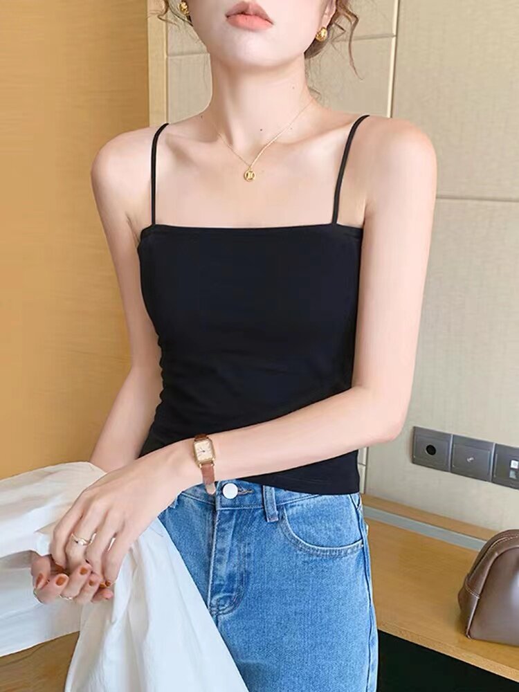 黑色一字领细小吊带背心女夏棉带胸垫美背内搭外穿打底抹胸上衣
