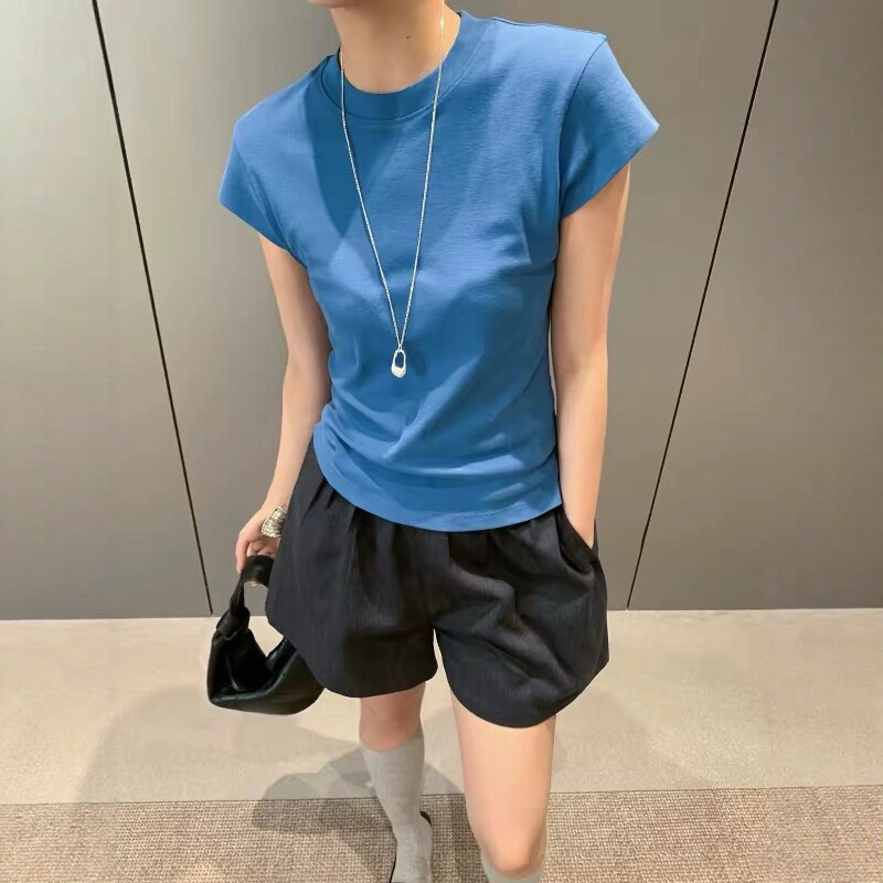 蓝色纯色短袖T恤女短款薄款2026夏季新款显瘦小飞袖修身简约上衣
