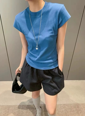 蓝色纯色短袖T恤女短款薄款2026夏季新款显瘦小飞袖修身简约上衣